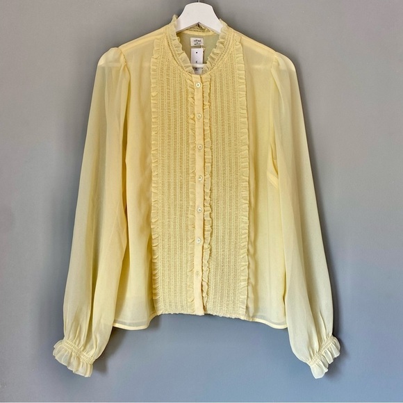 NWT Aritzia Wilfred Butter Yellow Button-Up Tuxedo Chiffon Fiji Blouse - Picture 1 of 13